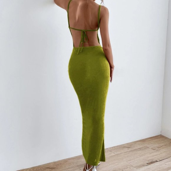 green tie backless maxi dress chic elegant sexy trending - Picture 6 of 9